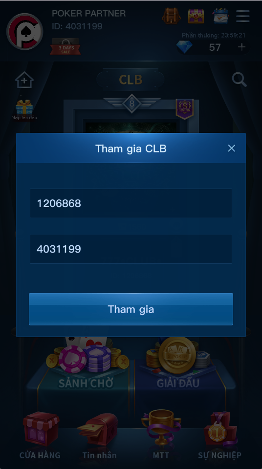 Màn hình Tham gia CLB trong ứng dụng X-Poker
